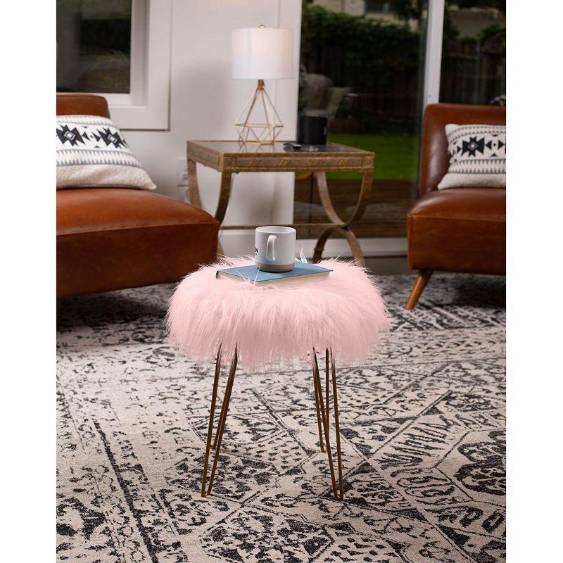 BirdRock Home Round Faux Fur Foot Stool Ottoman - Pink with Pale Gold Legs