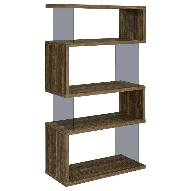 63" Emelle 4 Shelf Zig Zag Bookcase with Glass Panels Walnut - Coaster: Modern Laminated Storage Display