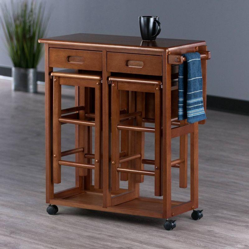 3pc Suzanne Space Saver Drop Leaf Dining Set Teak - Winsome: Compact, Storage Drawers & 2 Stools