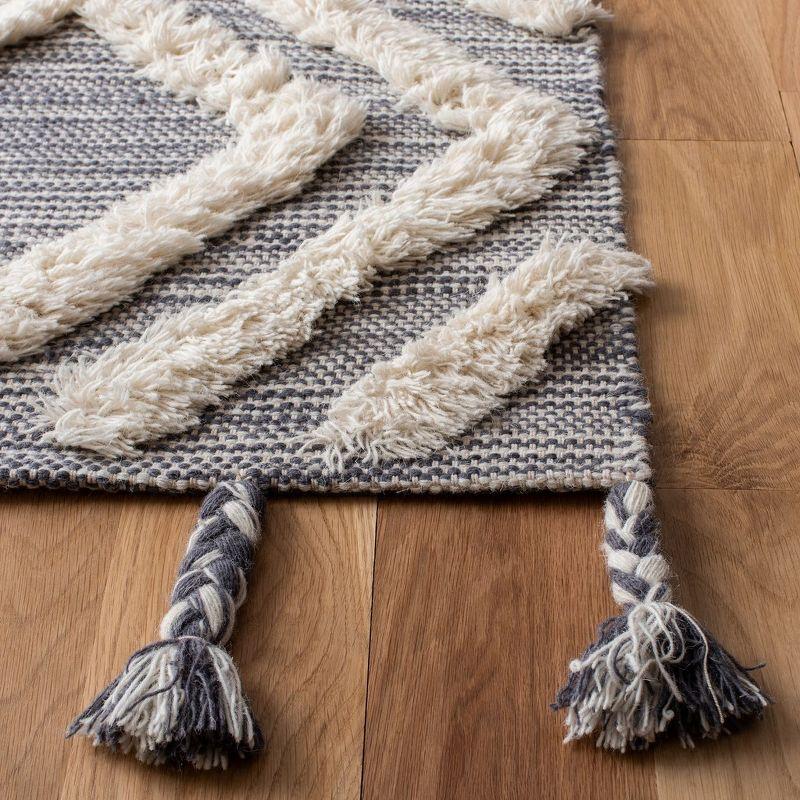 Ivory and Gray Hand-Knotted Wool Geometric Rug with Fringe