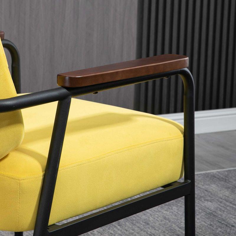 Everly Quinn Modern Accent Chair with Cushioned Seat and Back, Upholstered Velvet Armchair for Bedroom, Living Room Chair with Arms and Steel Legs, Yellow