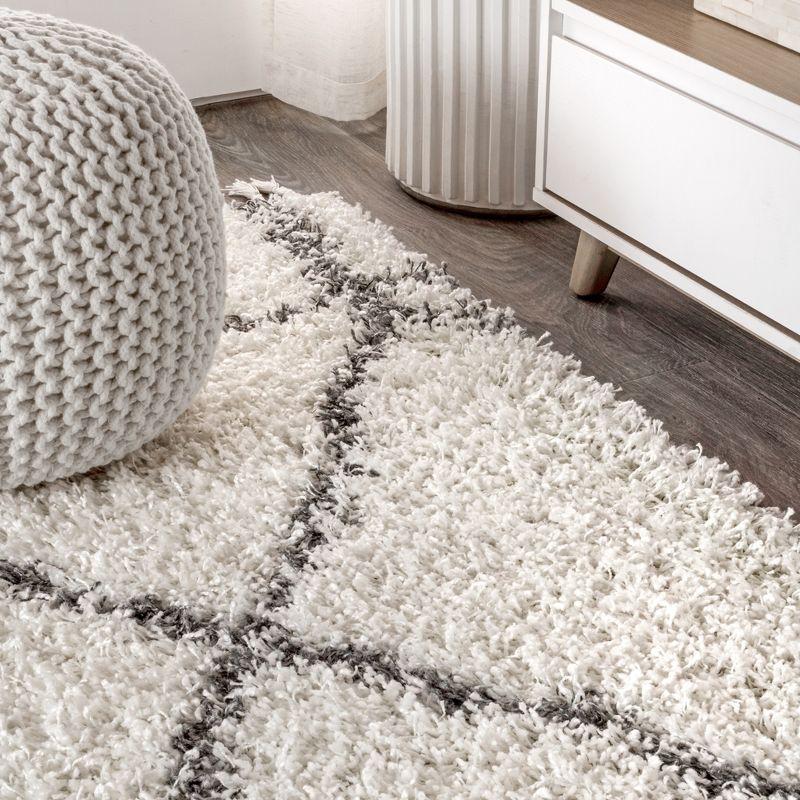8'x10' Mercer Shag Plush Tassel Moroccan Geometric Trellis Area Rug, Cream/Grey - JONATHAN Y