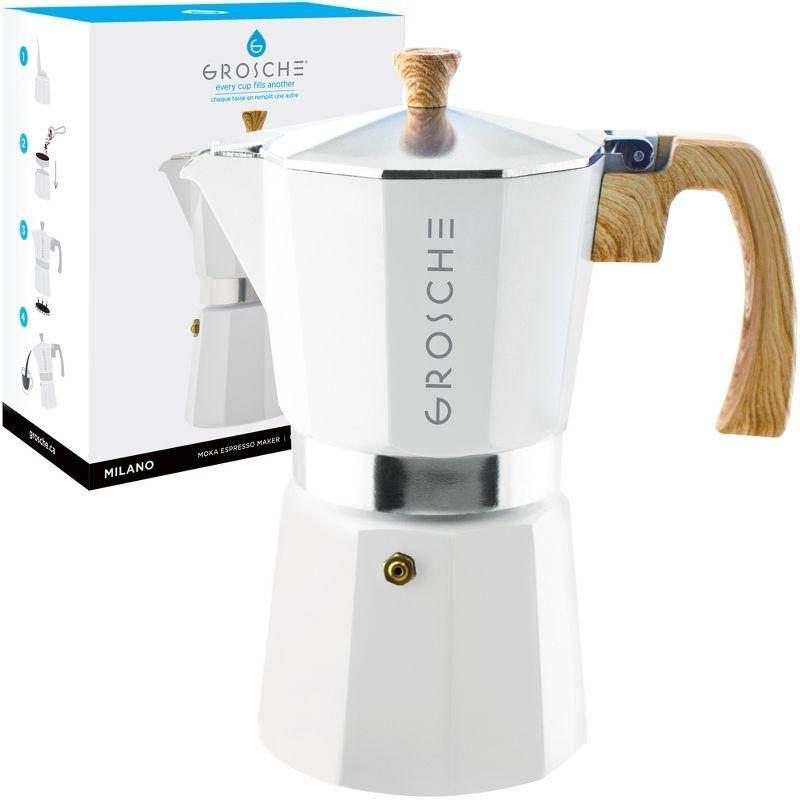 White Aluminum 9-Cup Stovetop Espresso Maker with Wood Accents