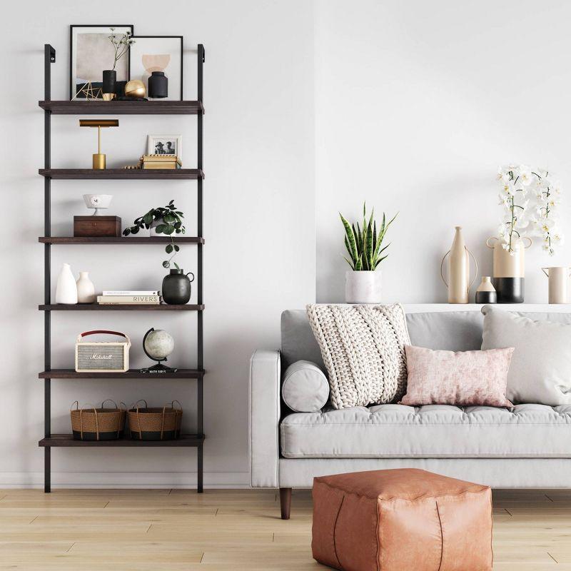 Theo 6-Tier Nutmeg & Matte Black Industrial Ladder Bookshelf