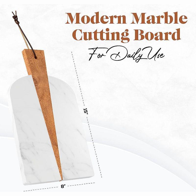 White Marble and Wood Paddle Cutting Board with Leather Strap