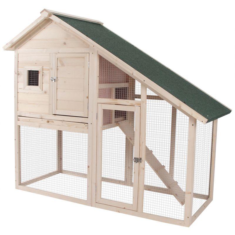 Natural Wood 2-Tier Guinea Pig Hutch with Ramp and Roof