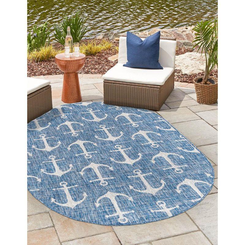 Oval Blue and Gray Synthetic Kids' Outdoor Rug