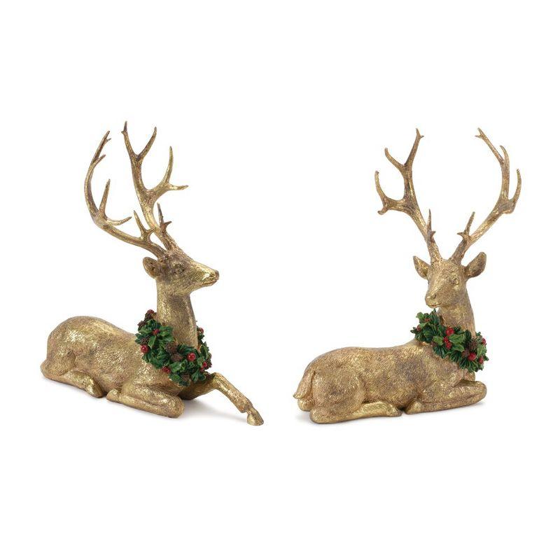 Gold Resin Laying Deer Figurines with Holly Wreaths, Set of 2