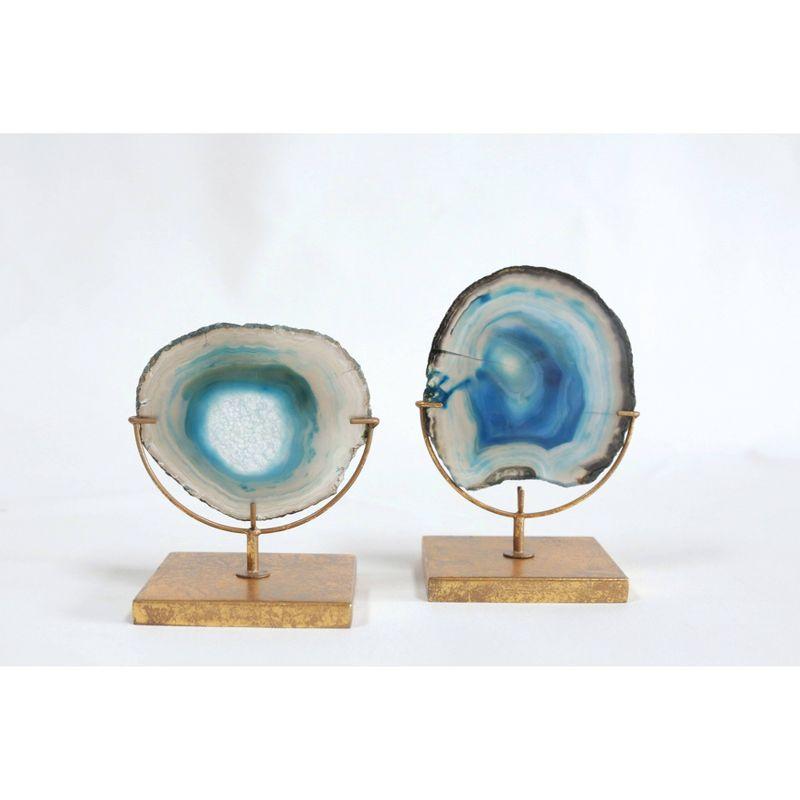 Blue Agate Stone Slice on Gold Metal Stand