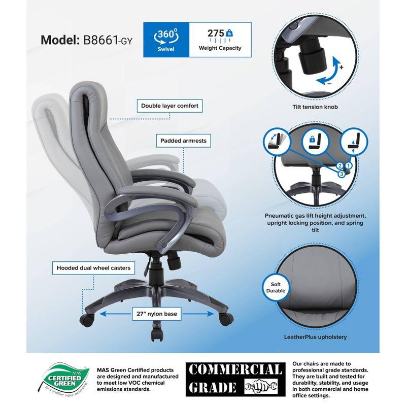 Double Layer Executive Chair Gray - Boss Office Products: LeatherPlus, Pneumatic Lift, 27" Nylon Base