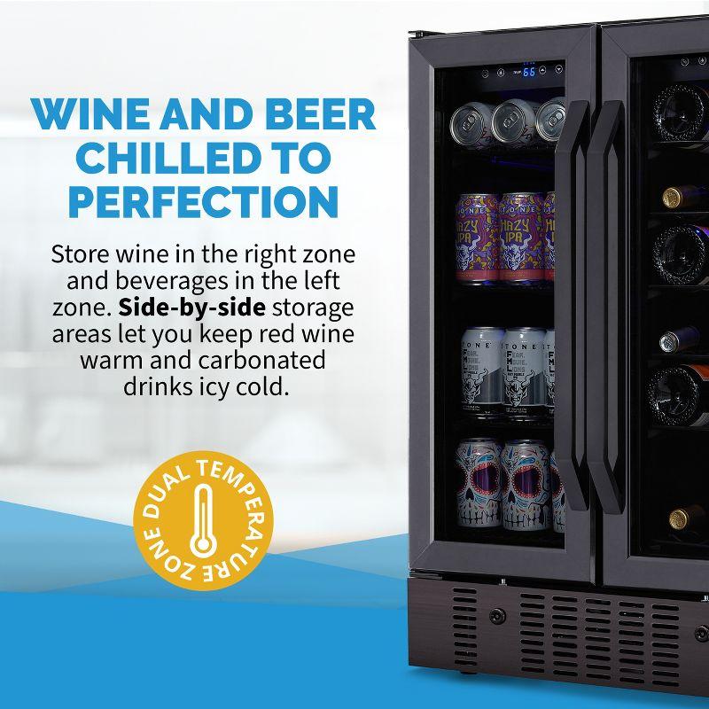 Newair 24" Wine and Beverage Refrigerator and Cooler, 18 Bottle and 60 Can Capacity, Built-in Dual Zone Fridge in Black Stainless Steel