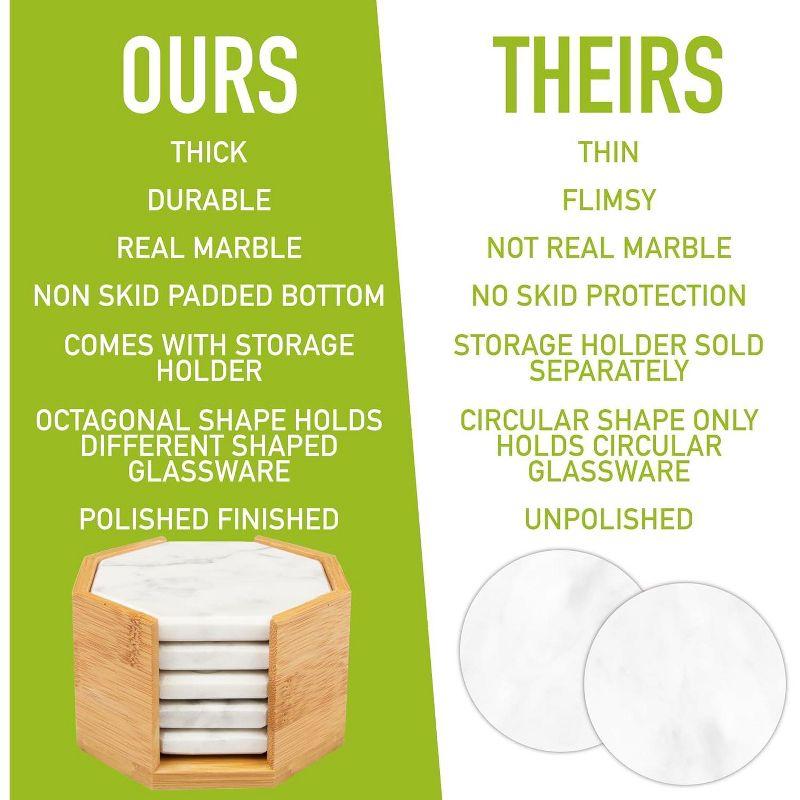 D'Eco White Carrara Marble Coasters w/ Bamboo Holder - Set of 5 - Tabletop Protection- Fits Any Size Wine Glass, Cup, Mug - Great Mother's Day Gift