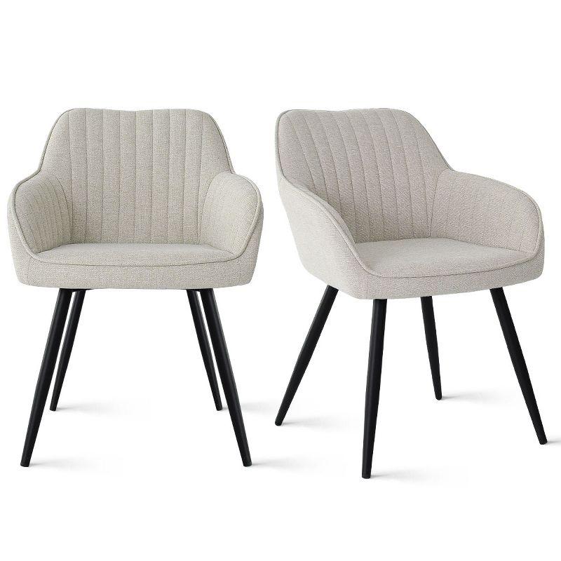 Set of 2 Modern Beige Fabric Dining Chair with Armrests, Upholstered Chair with Back and Black Metal Legs for Kitchen or Dining Room-Maison Boucle