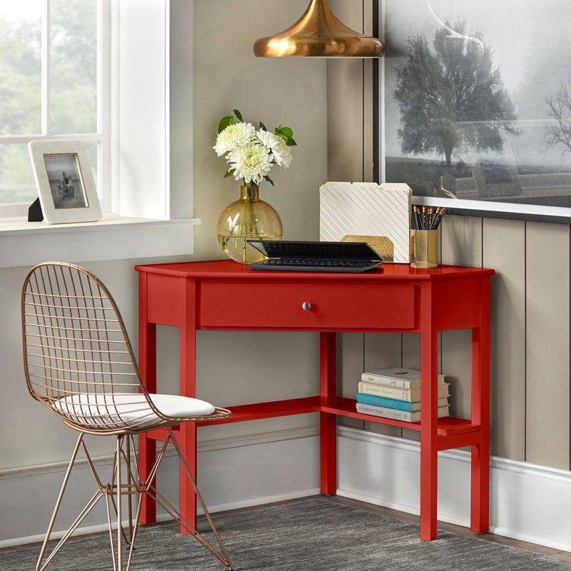 Red Pine Wood Corner Desk with Drawer