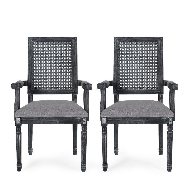 GDFStudio Zentner French Country Upholstered Wood and Cane Upholstered Dining Chairs (Set of 2), Gray