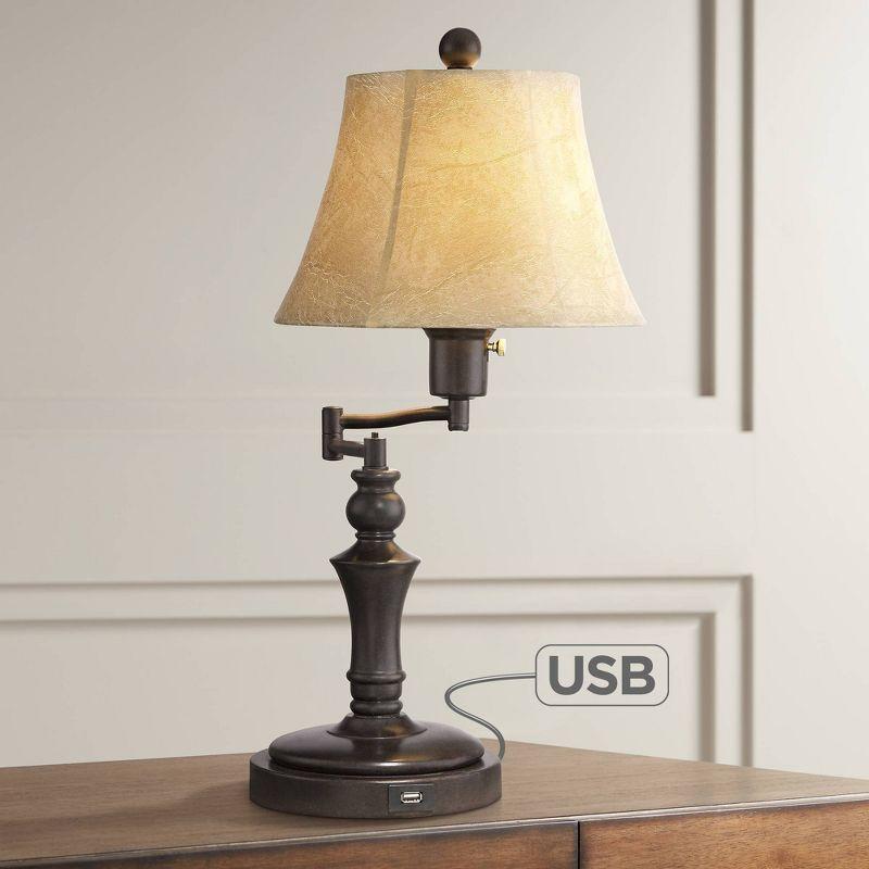 Regency Hill Traditional Desk Table Lamp Swing Arm with Hotel Style USB Charging Port 21.75" High Bronze Metal Faux Leather Bell Shade for Bedroom