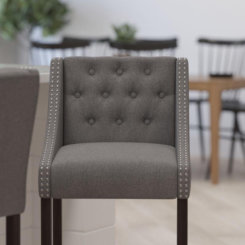 Merrick Lane Upholstered Barstool 30" High Transitional Tufted Walnut Barstool with Accent Nail Trim in Dark Gray Fabric