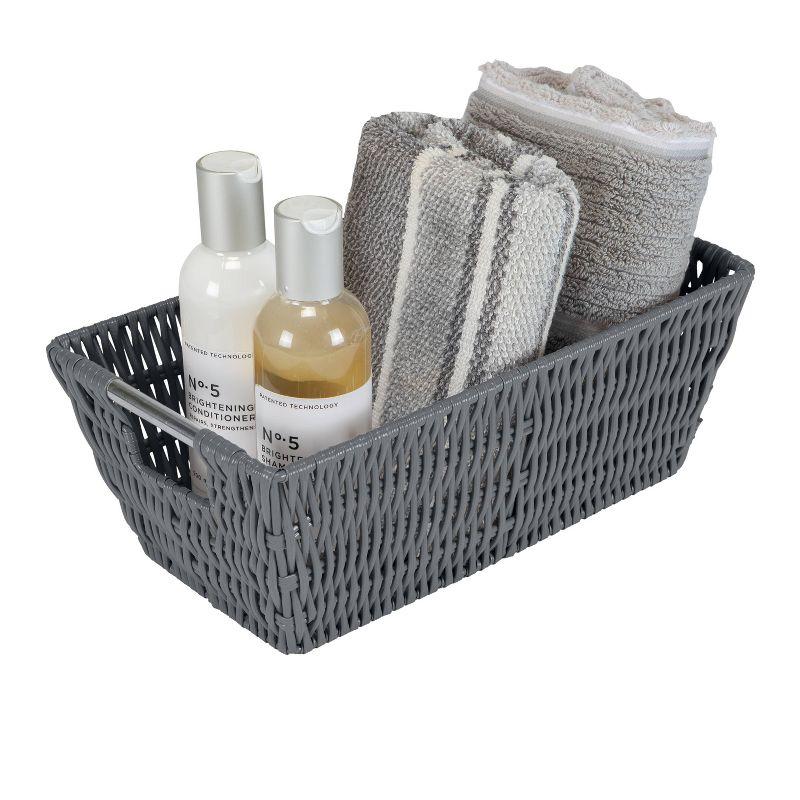 Charcoal Rattan Rectangular Storage Tote with Stainless Steel Handles