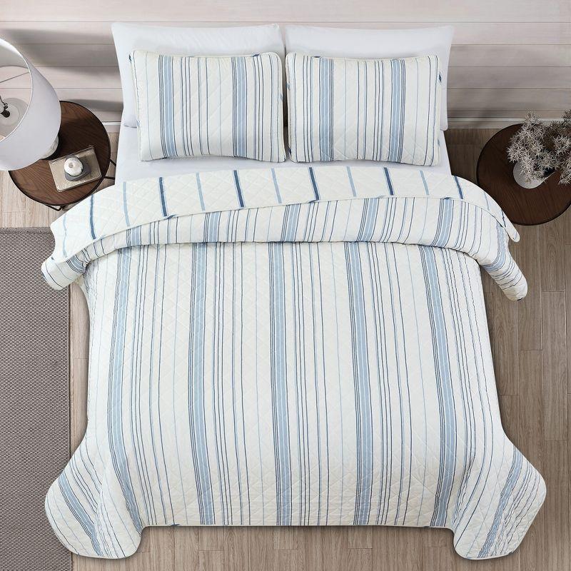 Sofia Ivory & Blue Striped Reversible Microfiber Quilt Set - Full/Queen