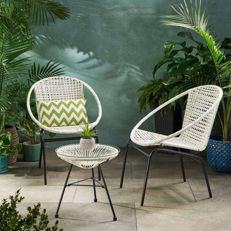 GDFStudio Belvidere Outdoor Wicker and Tempered Glass 3 Piece Chat Set, White