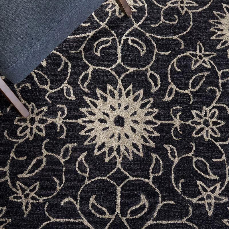 Handmade Black and Ivory Floral Wool Runner Rug