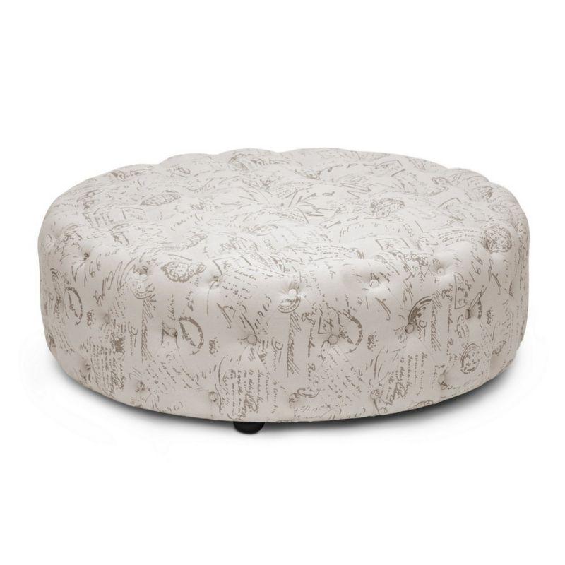 Cardiff Script Print Modern Tufted Ottoman - Baxton Studio: Circular, Linen Upholstery, Wood Legs