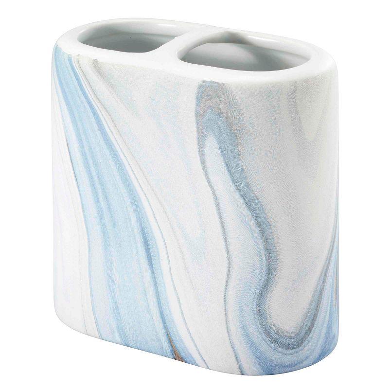 Blue and White Ceramic Waves Toothbrush Holder and Lotion Dispenser Set