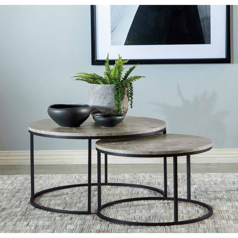 2pc Lainey Round Nesting Coffee Table Set with Faux Marble Top Gray/Black - Coaster