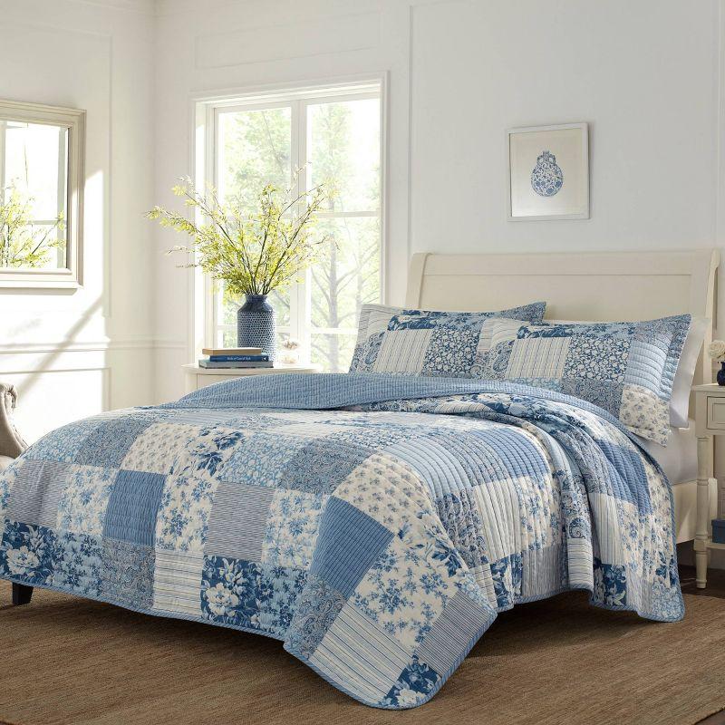 King Blue Cotton Reversible Patchwork Quilt Set