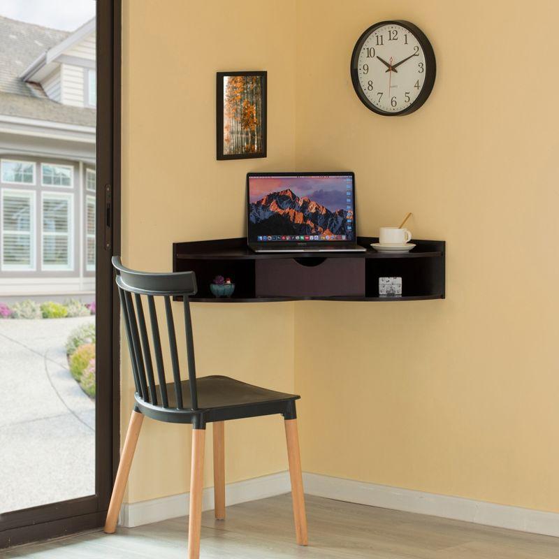 Basicwise Brown Corner Desk Heart Shaped Wall Mounted Office Table with Drawer and Two Shelves Computer Writing Desk