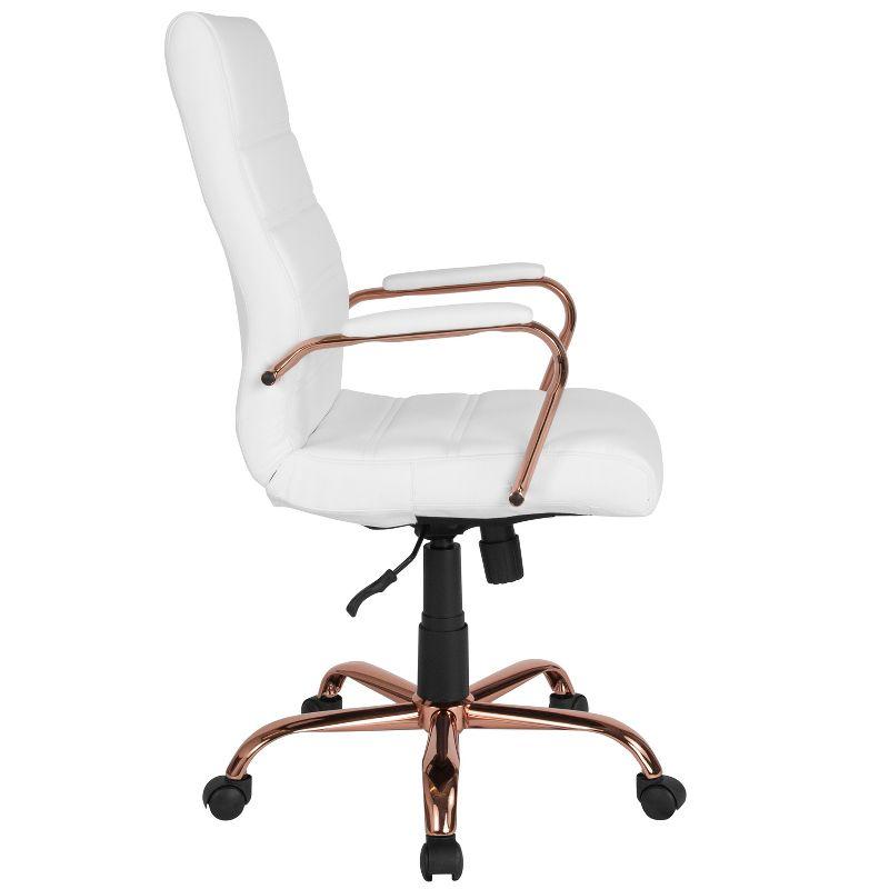 Emma and Oliver High Back White LeatherSoft Executive Swivel Office Chair - Rose Gold Frame/Arms