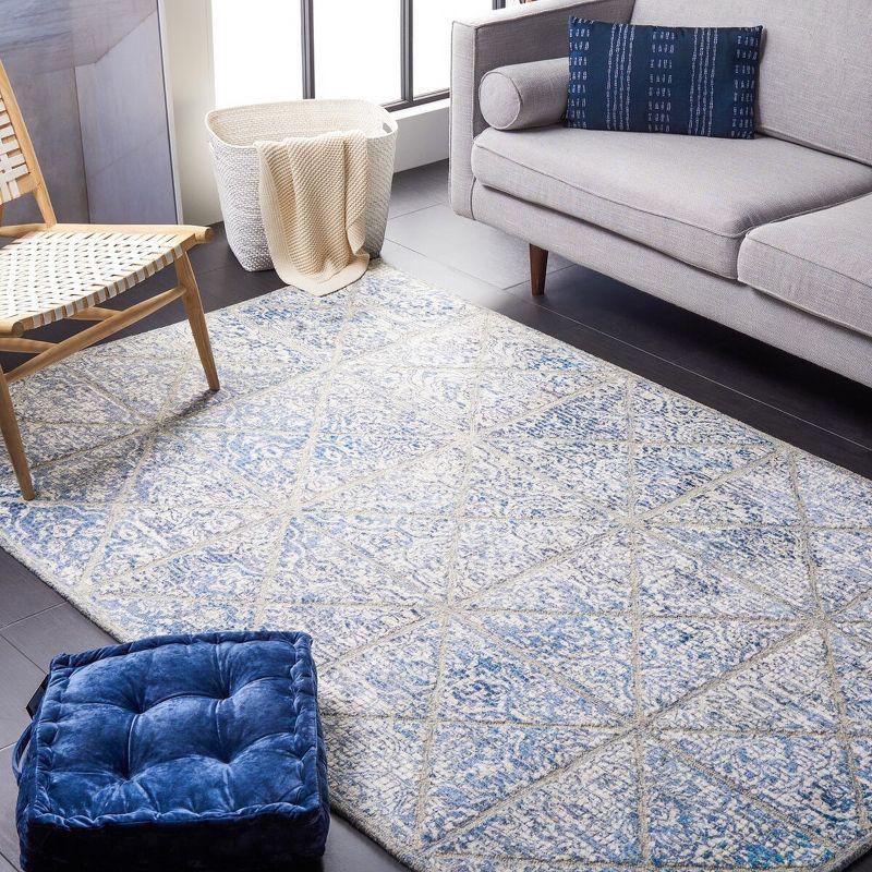 Blue Geometric 4' x 6' Handmade Wool and Viscose Area Rug