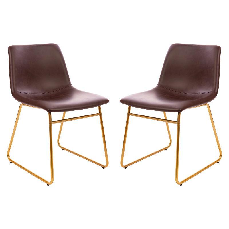 Elegant Dark Brown LeatherSoft Side Chair with Sleek Gold Base, Set of 2