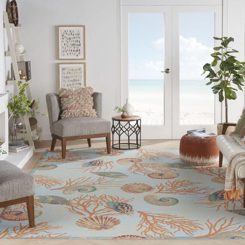 Light Blue Coastal Seashell Floral Synthetic Area Rug