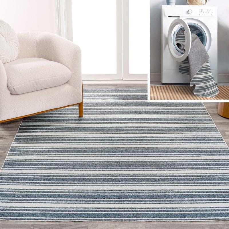 Cream and Dark Gray Striped Washable Synthetic Area Rug