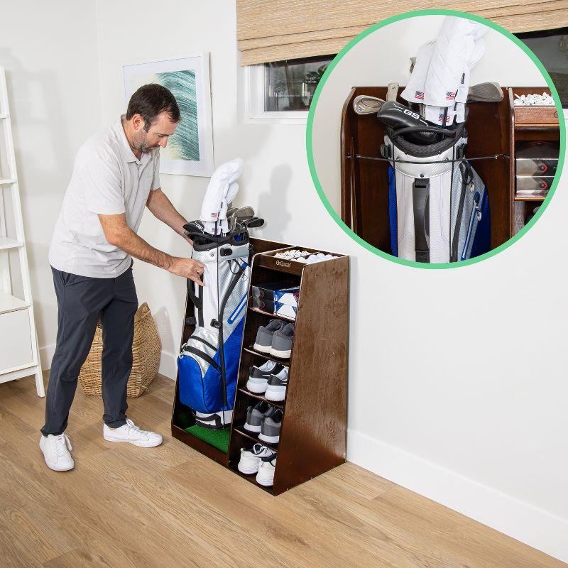 GoSports Premium Wooden Freestanding Golf Bag Organizer and Storage Rack