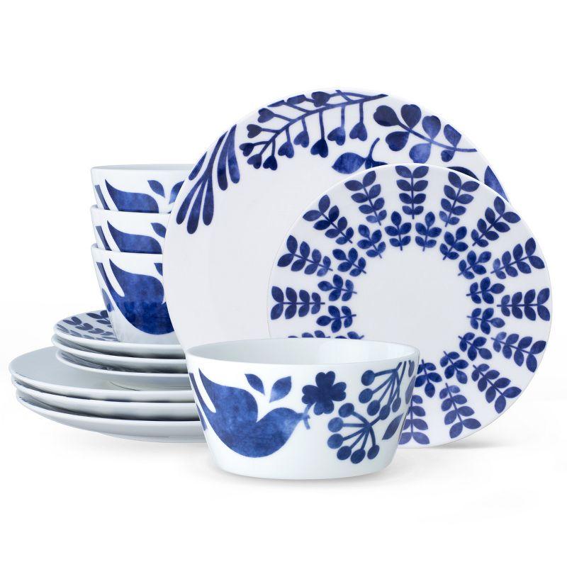 Blue and White Floral Porcelain 12-Piece Dinnerware Set