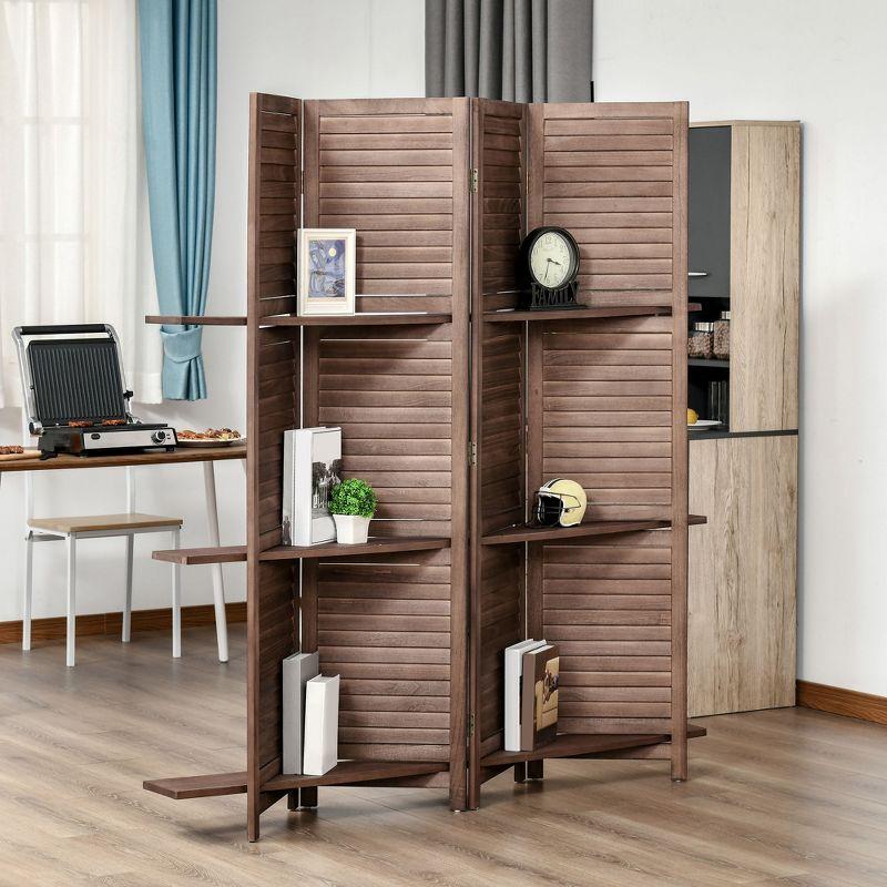 HOMCOM 4-Panel Folding Room Divider, 5.6 Ft Freestanding Paulownia Wood Privacy Screen Panel with Storage Shelves for Bedroom or Office, Walnut
