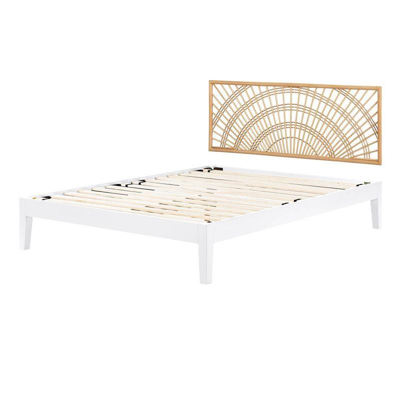 Queen White and Natural Wood Bed with Rattan Headboard