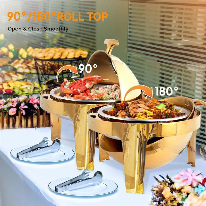 6 QT Gold Roll Top Round Chafing Dish Buffet Set with Glass Window