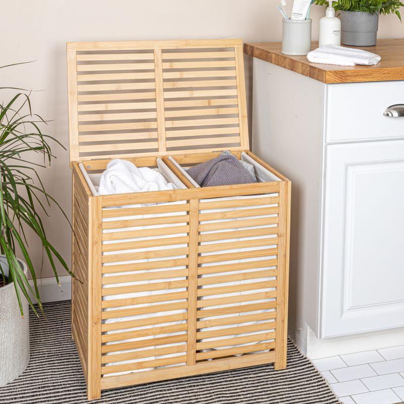 Bamboo and Cotton Double Laundry Sorter with Lid and Removable Cotton Bags, Natural