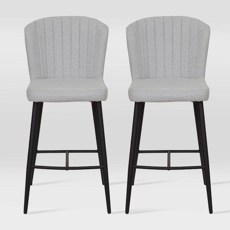 Jasper Light Gray Upholstered Channel Tufted Barstools with Metal Legs - Set of 2