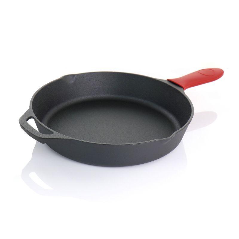 MegaChef Pre-Seasoned 6 Piece Cast Iron Skillet Set with Lids and Red Silicone Holders