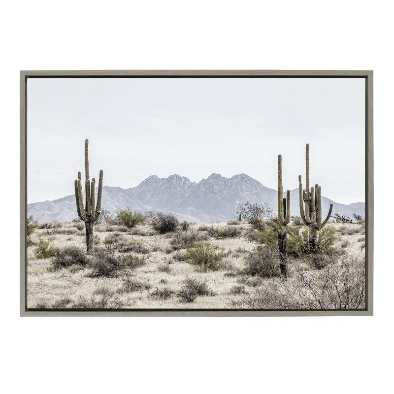 Tall Saguaro Cacti Desert Mountain Gray Framed Canvas Print