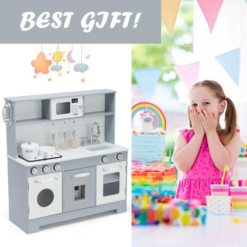 Costway Pretend Play Kitchen Wooden Toy Set for Kids w/ Realistic Light & Sound