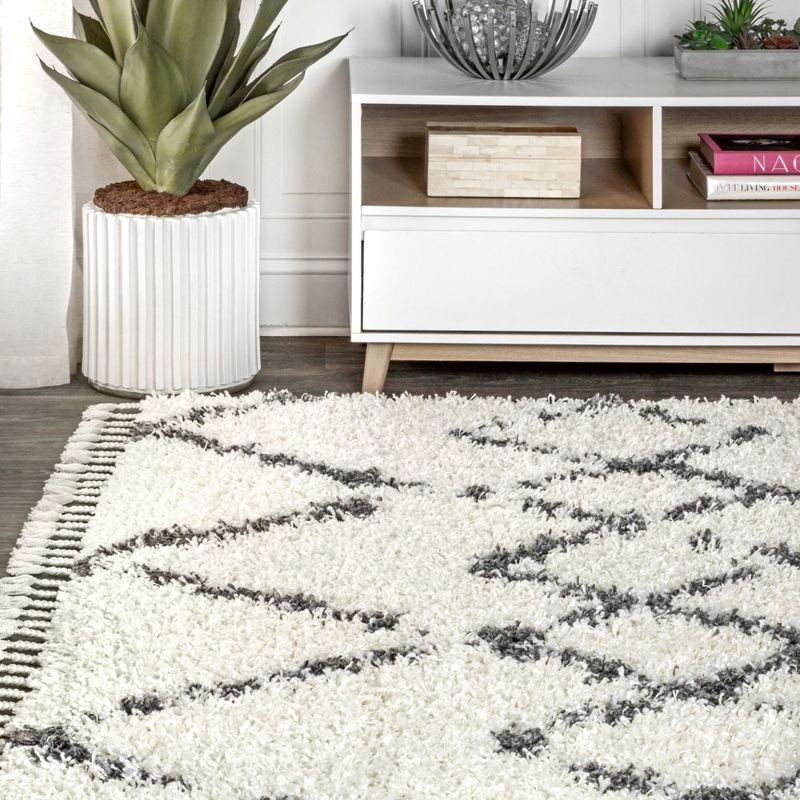 8'x10' Mercer Shag Plush Tassel Moroccan Geometric Trellis Area Rug, Cream/Grey - JONATHAN Y