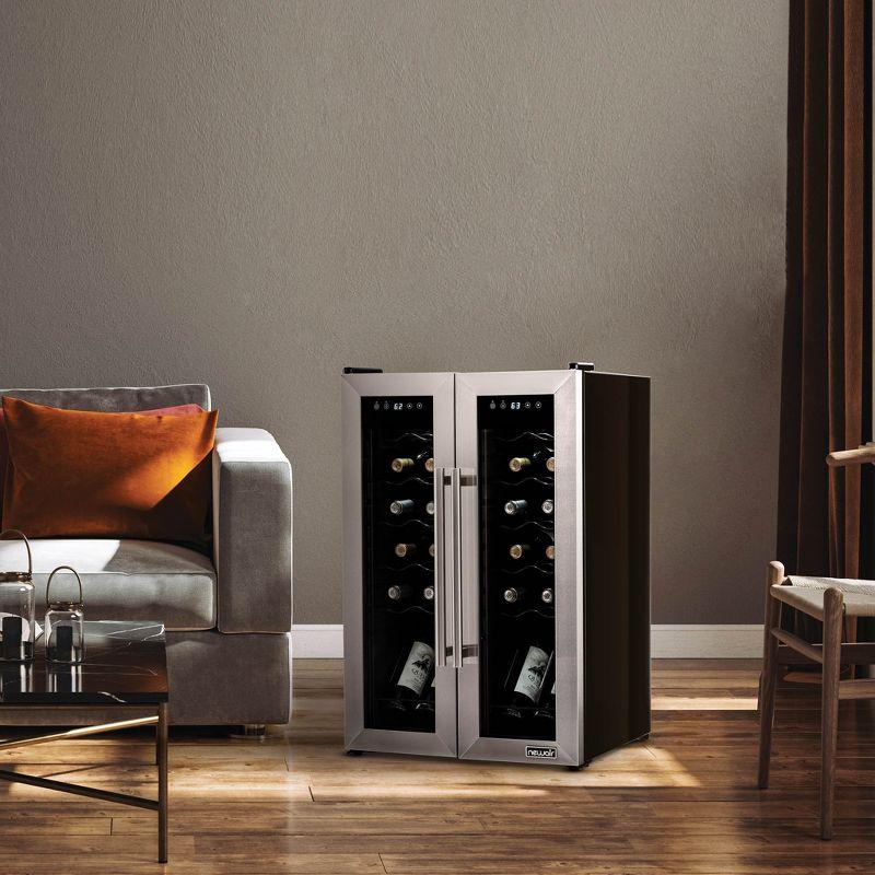 Newair 24 Bottle Wine Cooler Refrigerator, French Door Dual Temperature Zones, Freestanding Wine Fridge with Stainless Steel & Double-Layer Tempered G