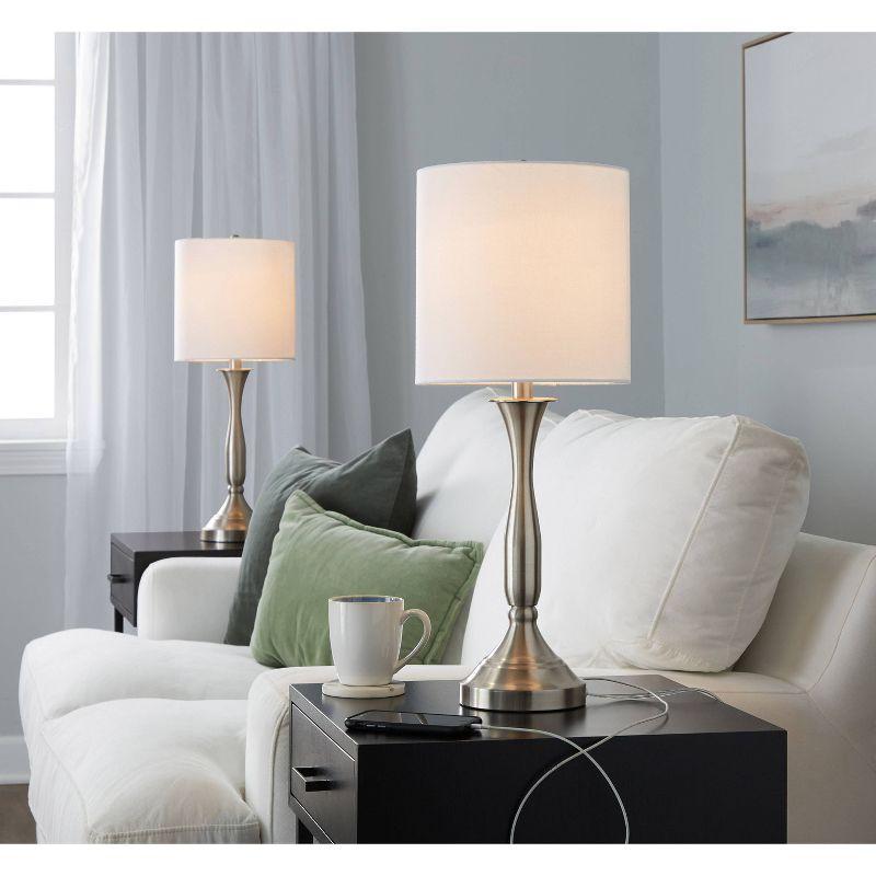 25.5" Brushed Nickel Table Lamp Set with White Linen Shade and USB