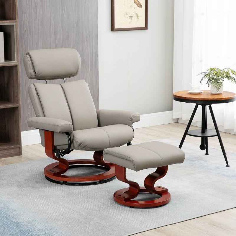 HOMCOM Recliner Chair with Ottoman, 360° Swivel Reclining Chair with Wood Base and Matching Footrest, Gray