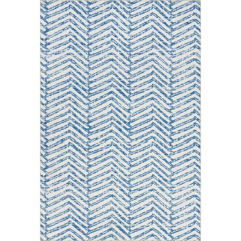 Blue and White Geometric Washable Synthetic Area Rug